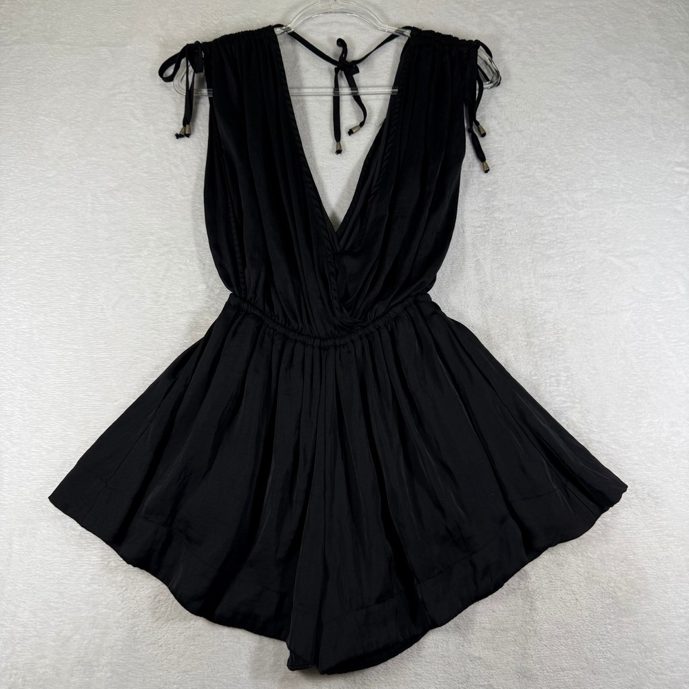 Free People Black V-Neck Sleeveless Romper OB1317879 XS Pockets Tie Shoulder